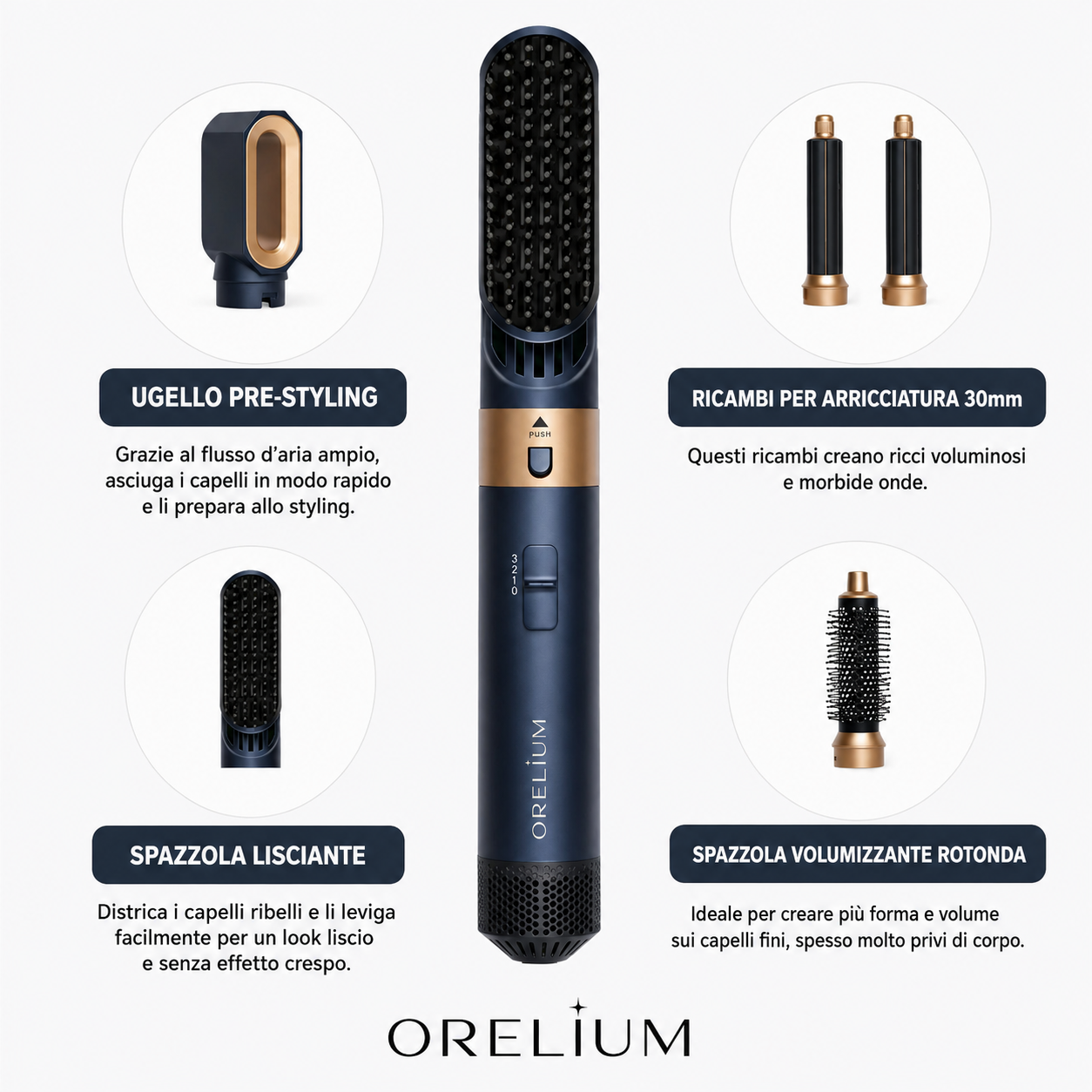 I 5 accessori Orelium AirStyler: ugello pre-styling, ricambi arricciatura, spazzola lisciante, spazzola volumizzante