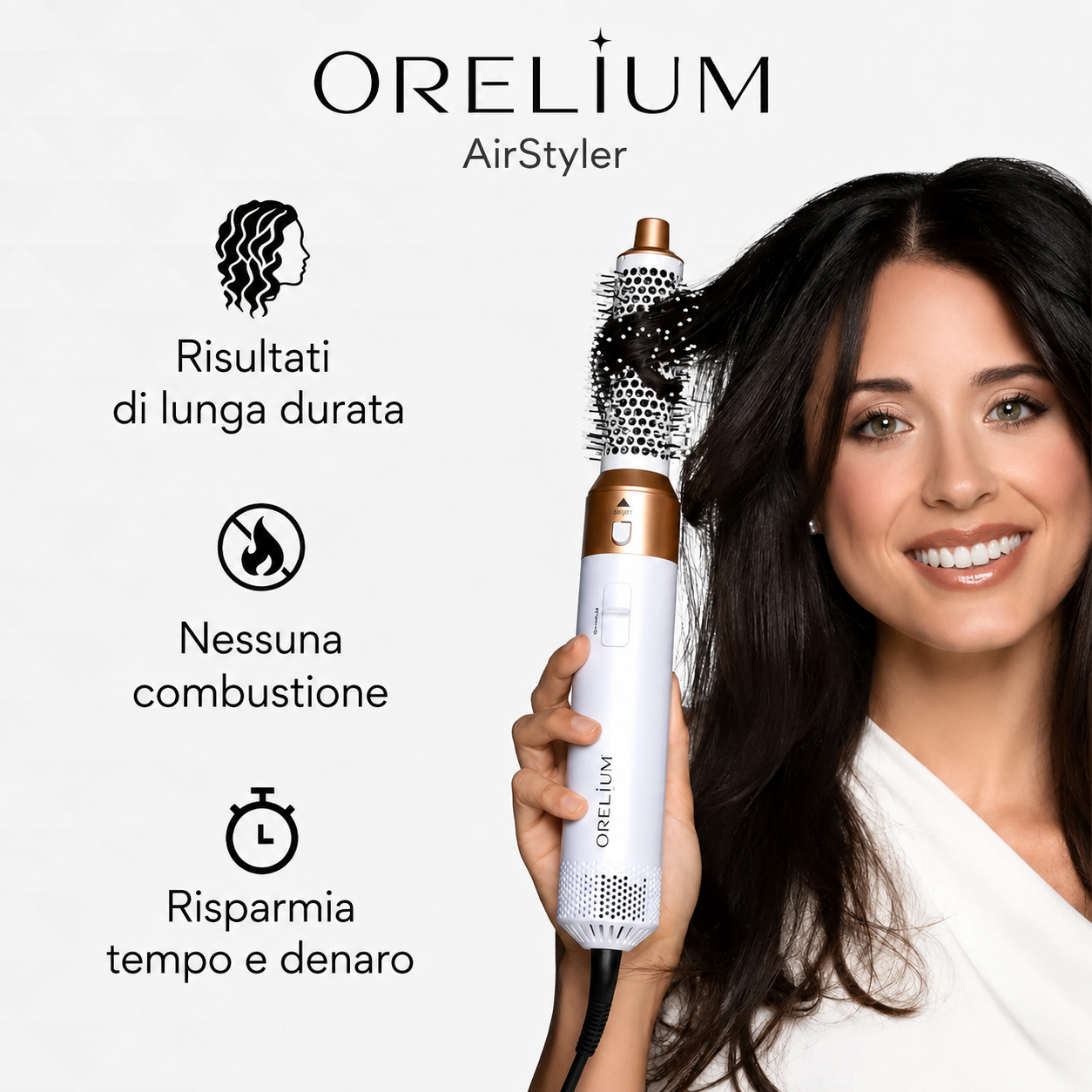Risultati di lunga durata · Nessuna combustione · Risparmia tempo e denaro — Orelium AirStyler